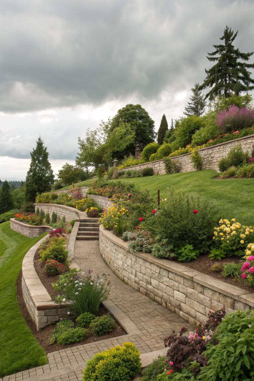 Decorative retaining walls add structure and seating to sloped gardens.
