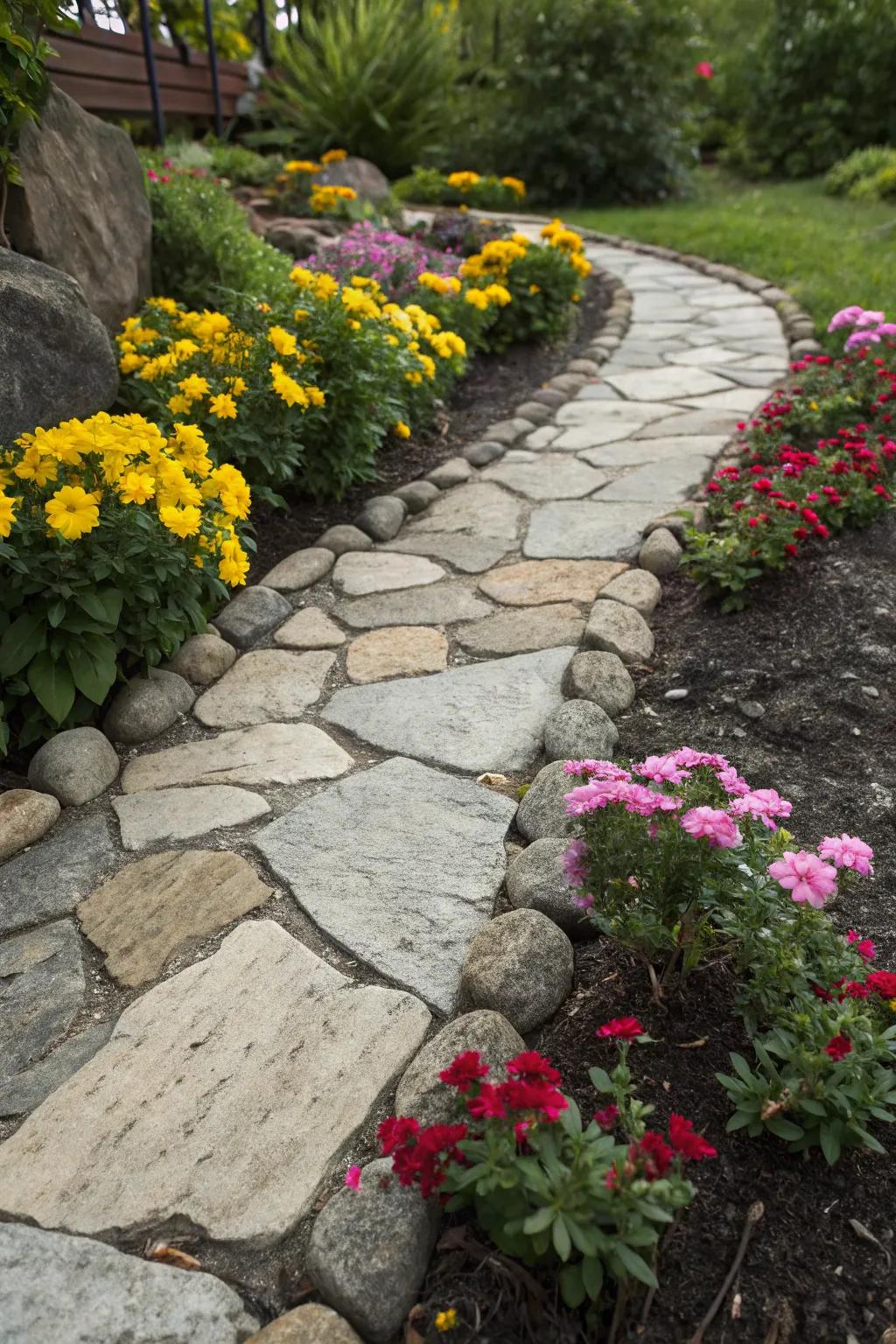 Contrasting stone colors add drama to garden edges.