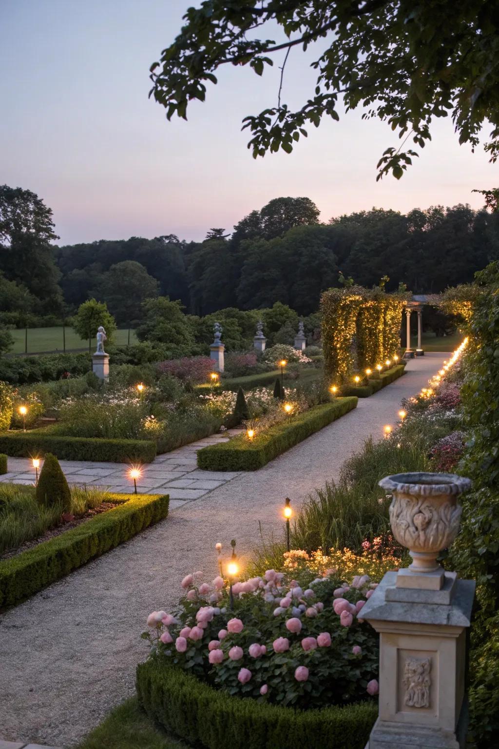 Ambient garden lighting creating a magical evening atmosphere.