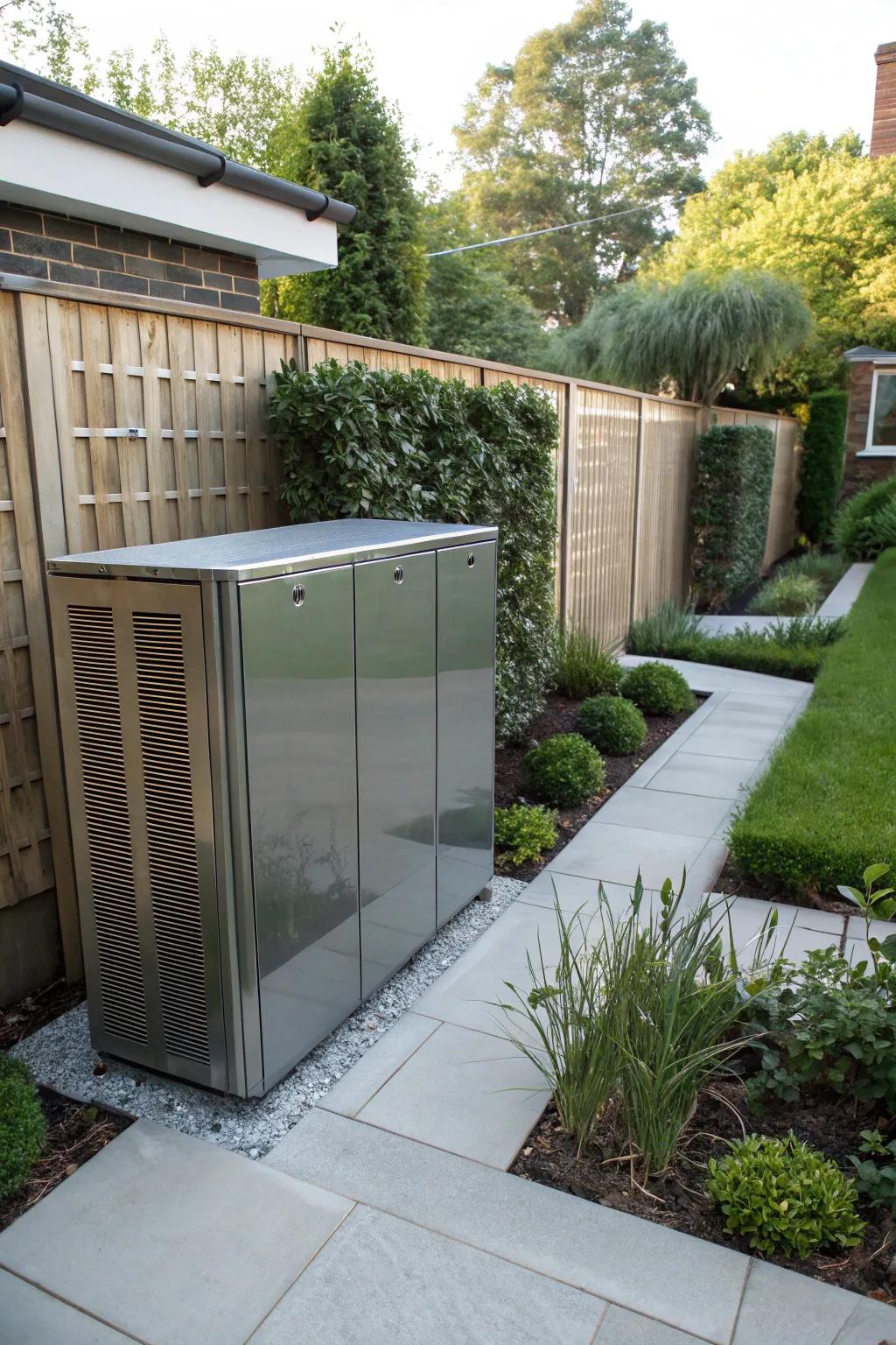 Sleek metal panels offering a modern, industrial cover for an AC unit.