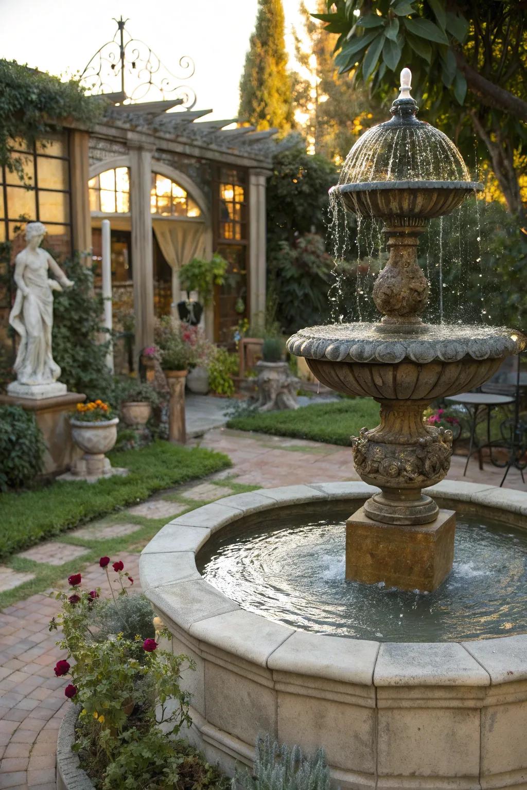 A garden fountain enhanced by elegant artistic sculptures.