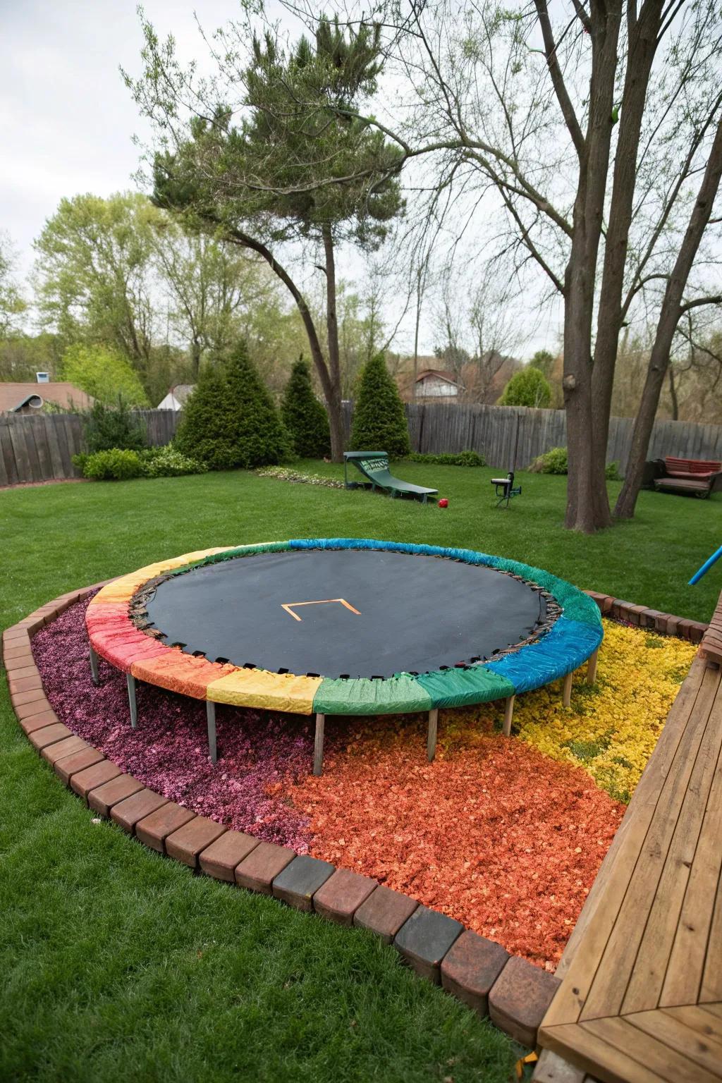Colorful mulch adds vibrancy and defines the play area.