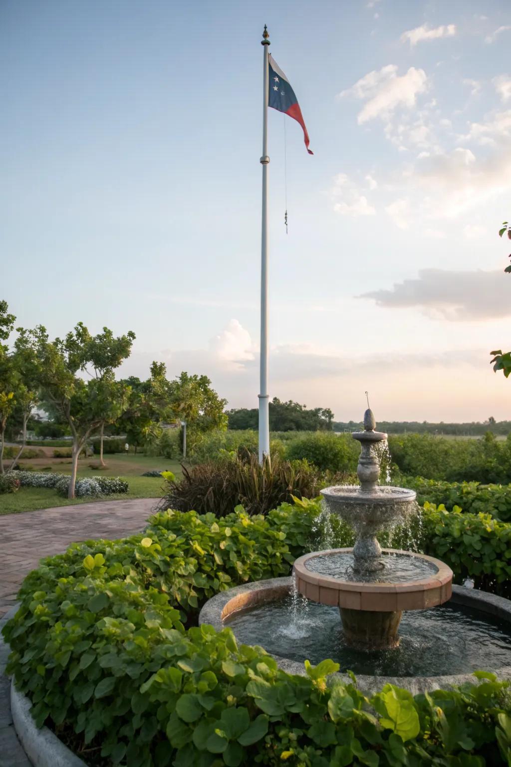 A water feature adds a serene element to the flagpole setting.