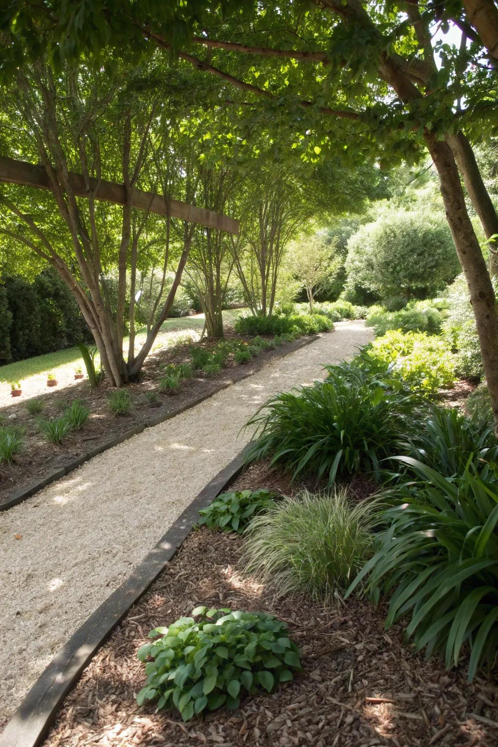 Light-colored mulch brightens and tidies garden beds.