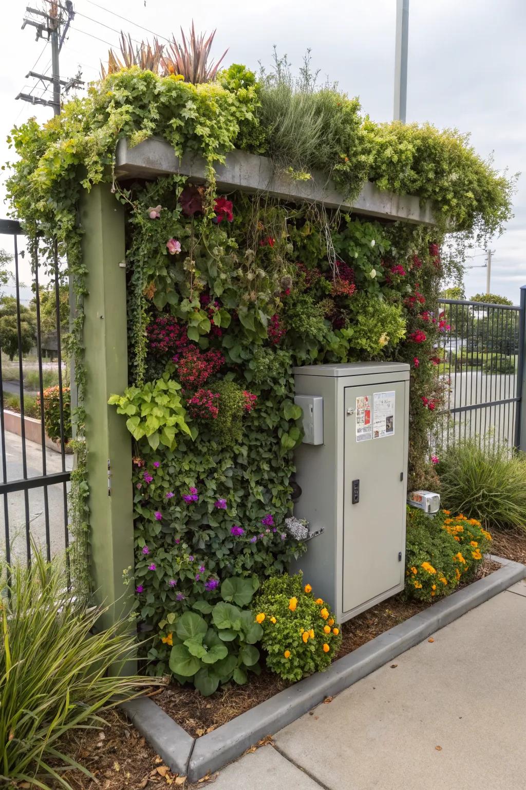 Vertical gardens transform utility boxes into lush garden highlights.