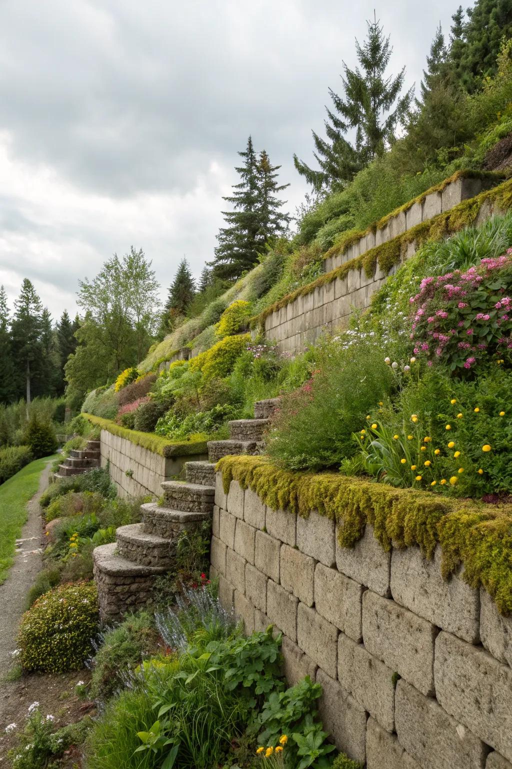 A functional retaining wall constructed with cinder blocks.