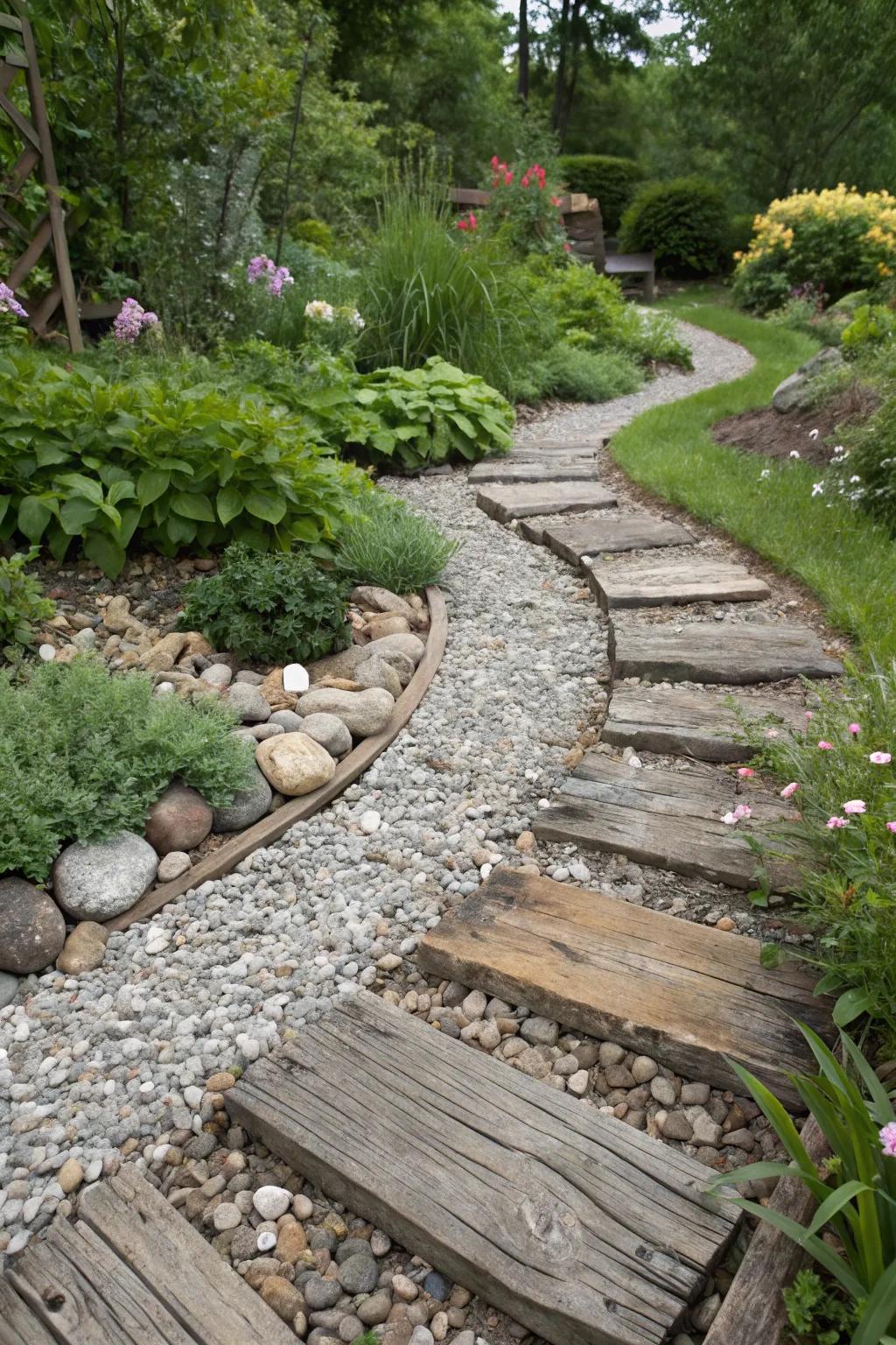 Mixing materials offers endless creativity in garden pathways.