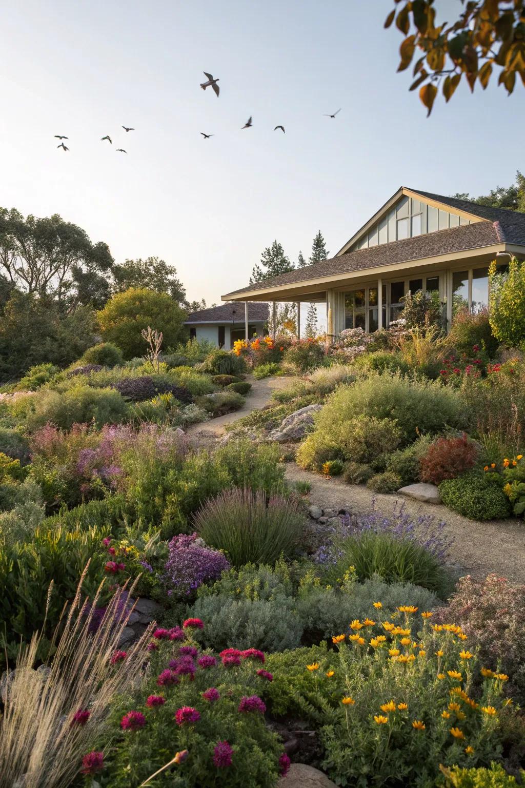 A garden featuring native plants, providing a sustainable and charming landscape for a ranch-style home.