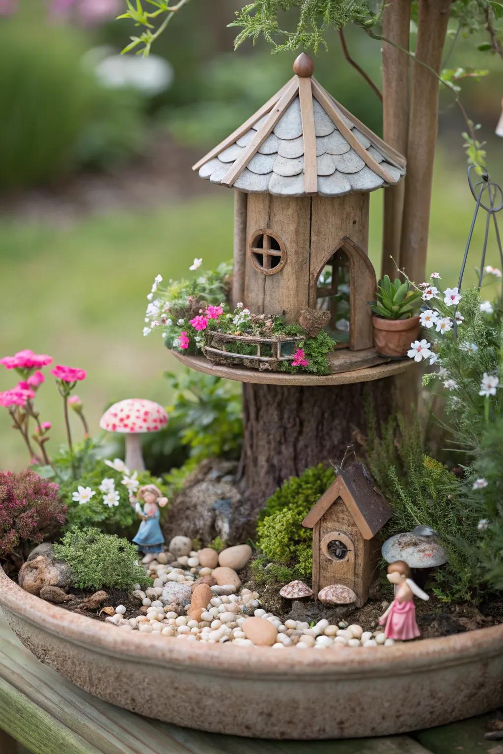 A fairy garden theme adds enchantment and fun to the bird feeder area.