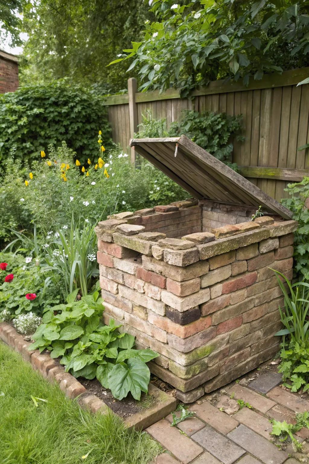 Speed up composting with a rustic brick compost bin.