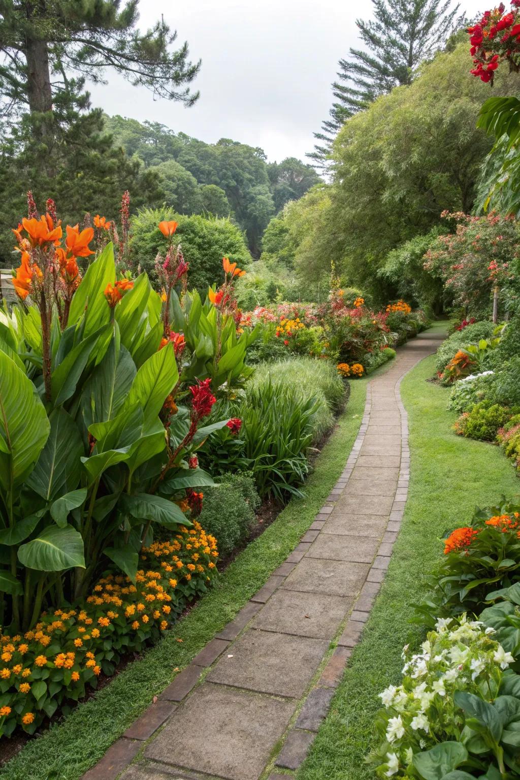 Canna lilies framing garden spaces