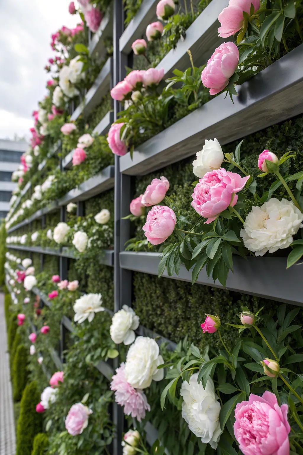 A unique vertical garden featuring lush peonies.