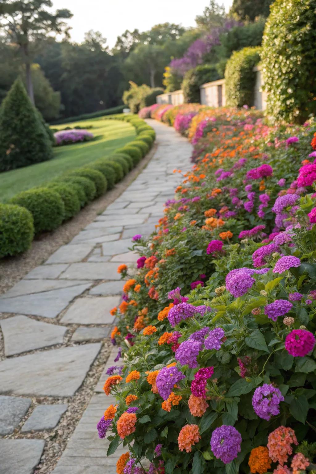 Lantanas edging a pathway, adding vibrant color to the walk.