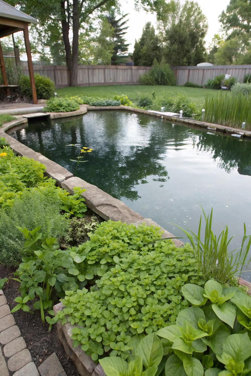Edible plantings add a functional twist to a large pond.