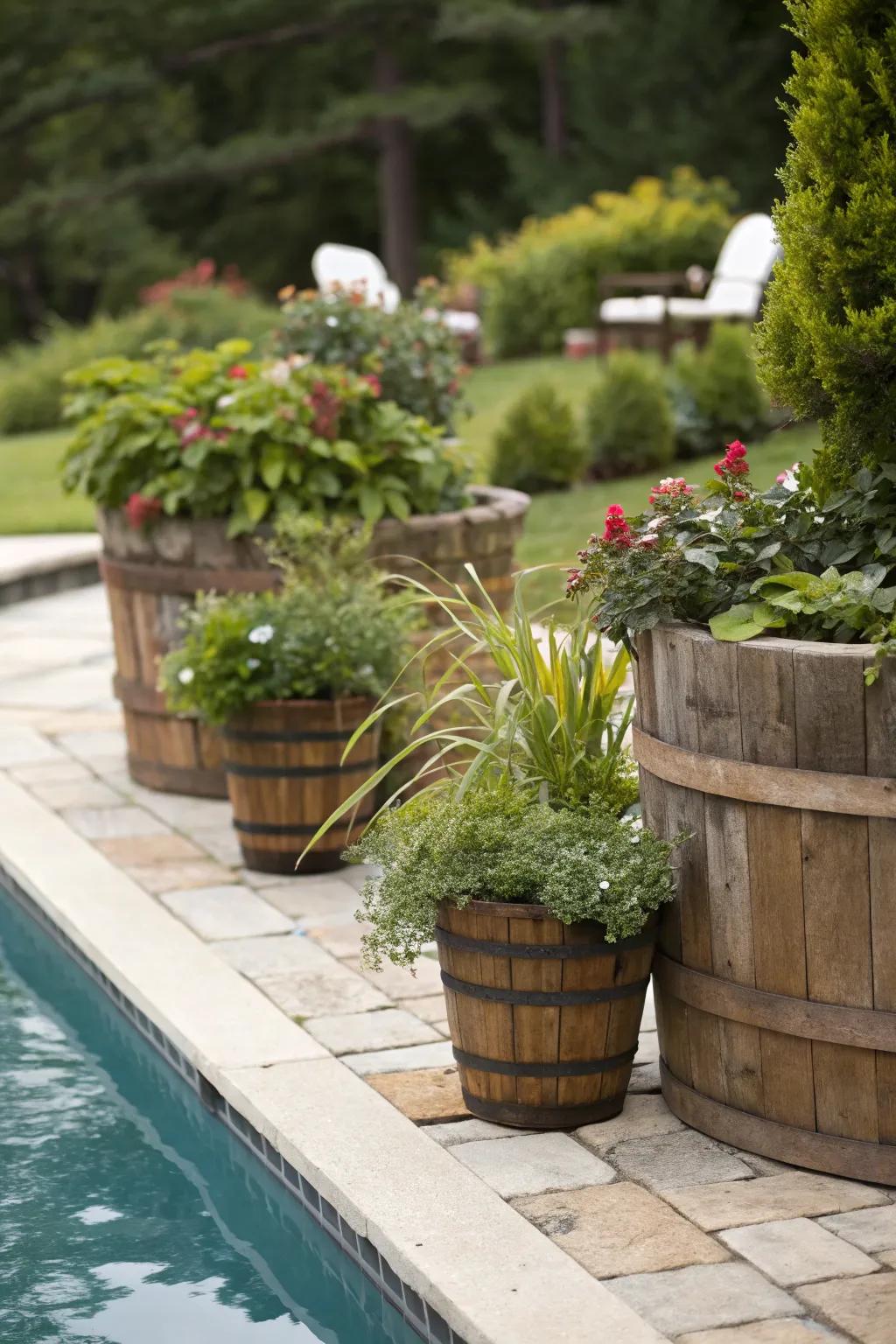 Add rustic charm with wooden planters by your pool.
