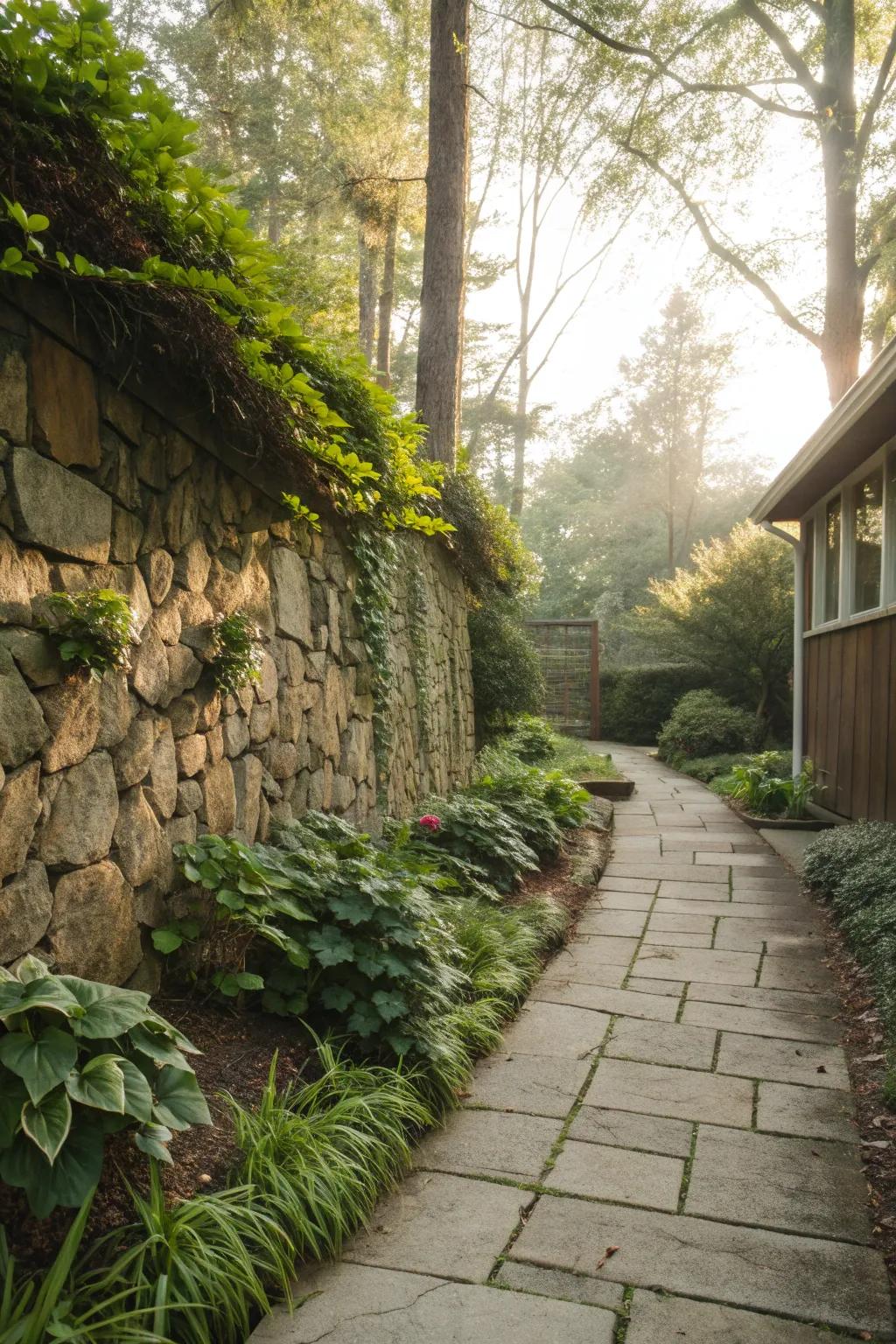 A natural stone wall adds rustic charm and functionality as a seating area.