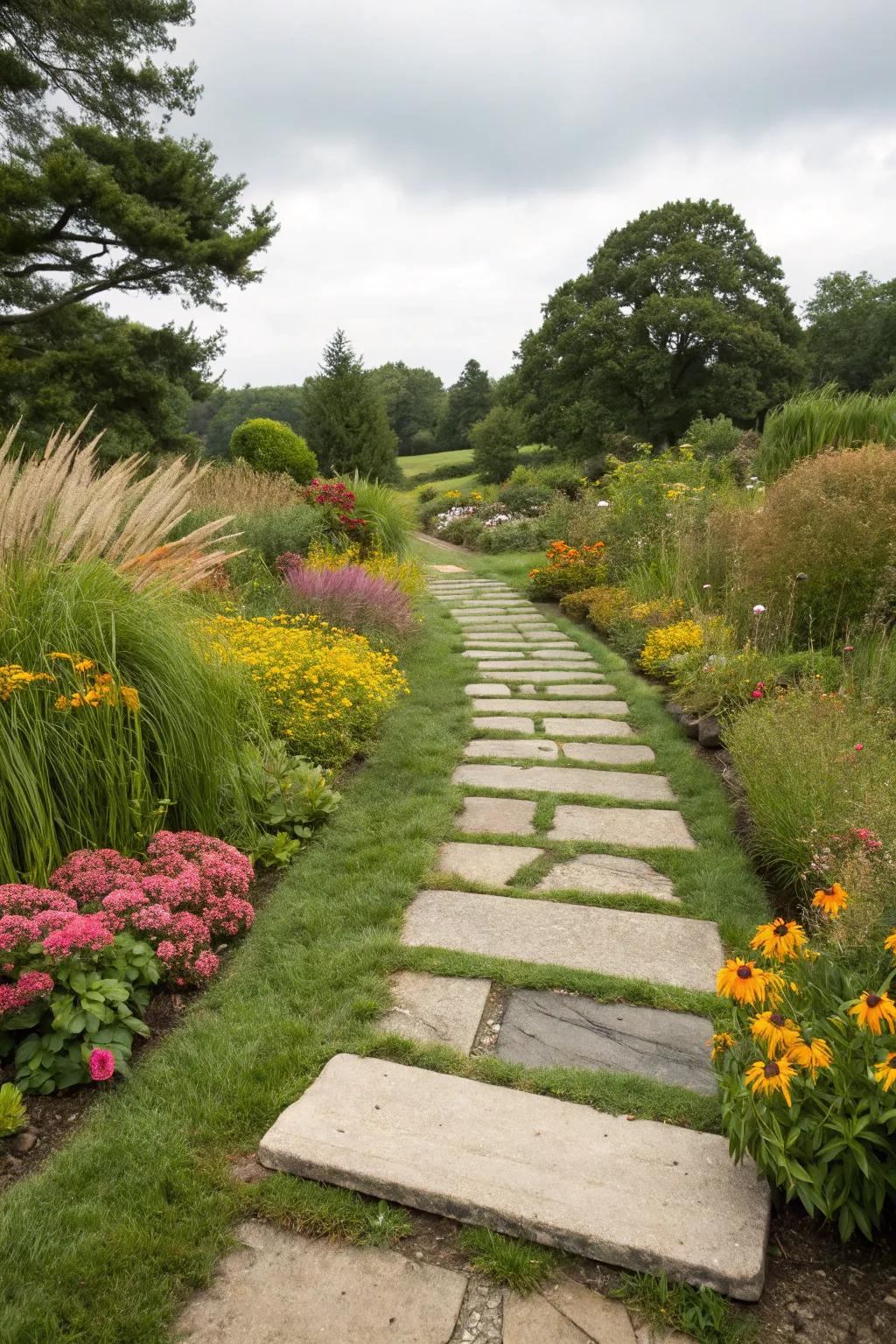 Functional flow with stepping stones guiding through the garden.