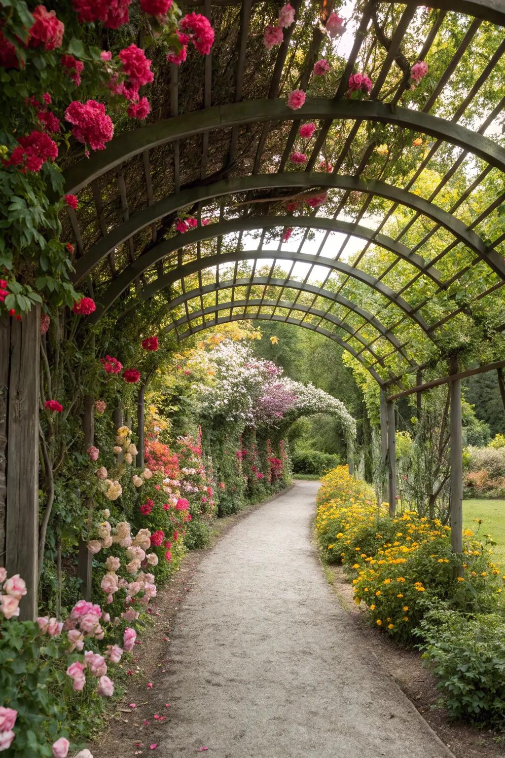 A romantic garden path enhanced by a lattice arbor with blooming flowers.