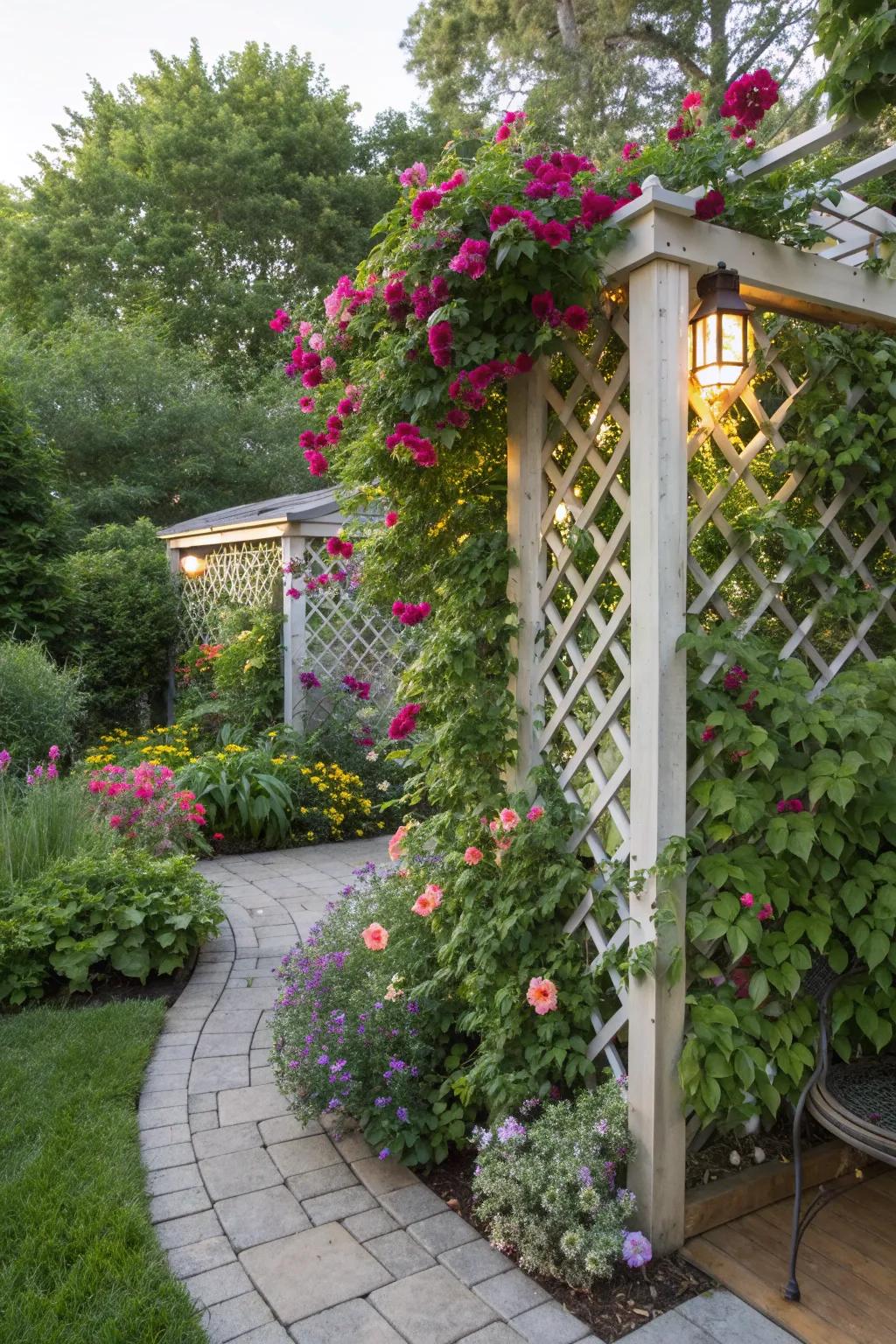 A corner lattice trellis maximizing garden space.