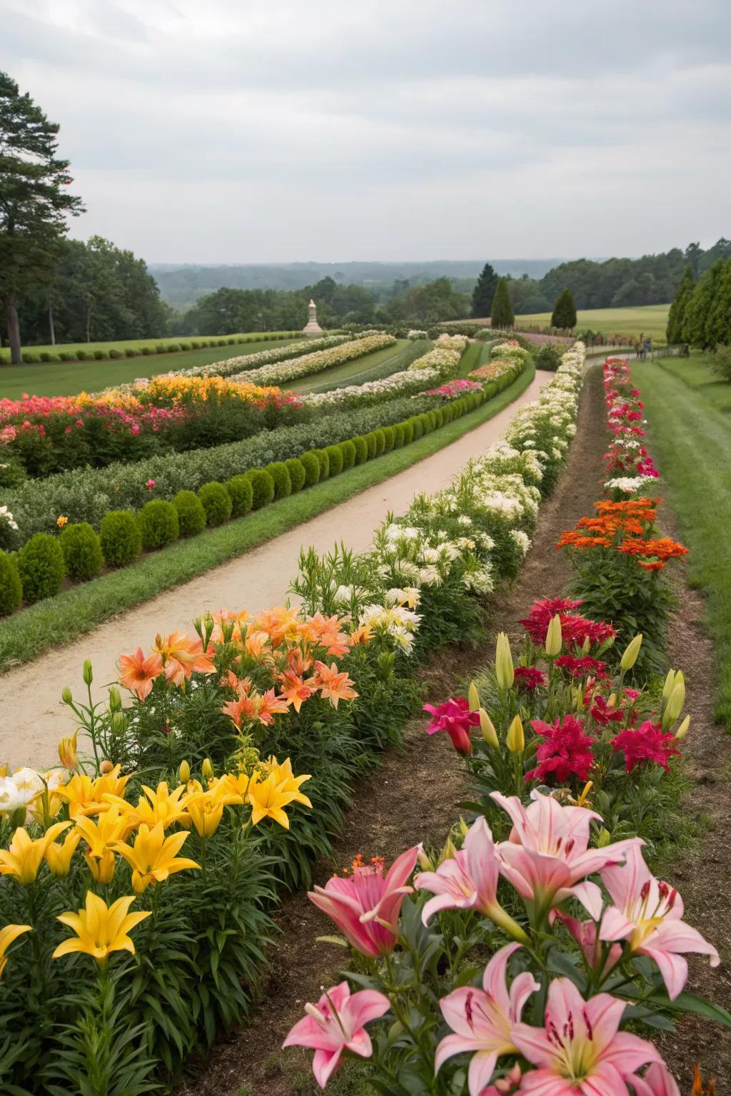 Color-blocked lily beds adding modern artistry.