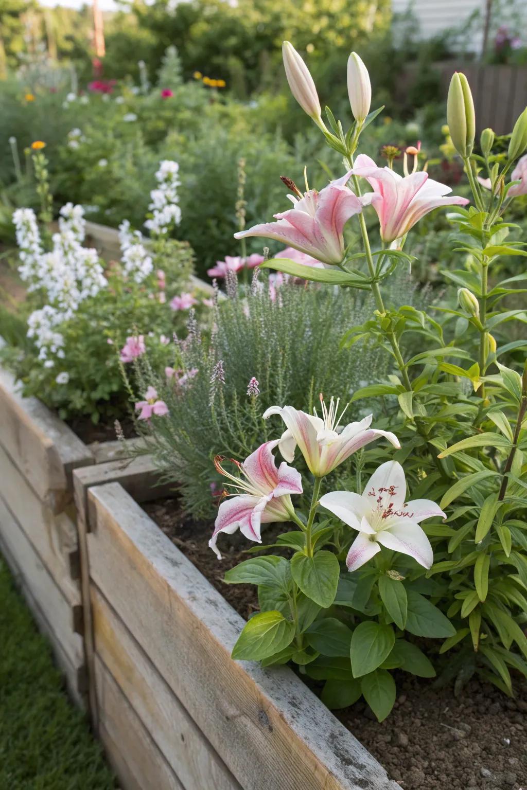 Lilies mixed with herbs for beauty and functionality