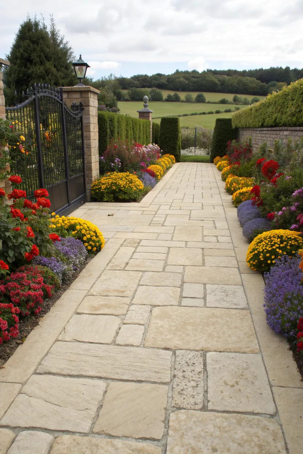 A driveway framed by vibrant seasonal plantings.