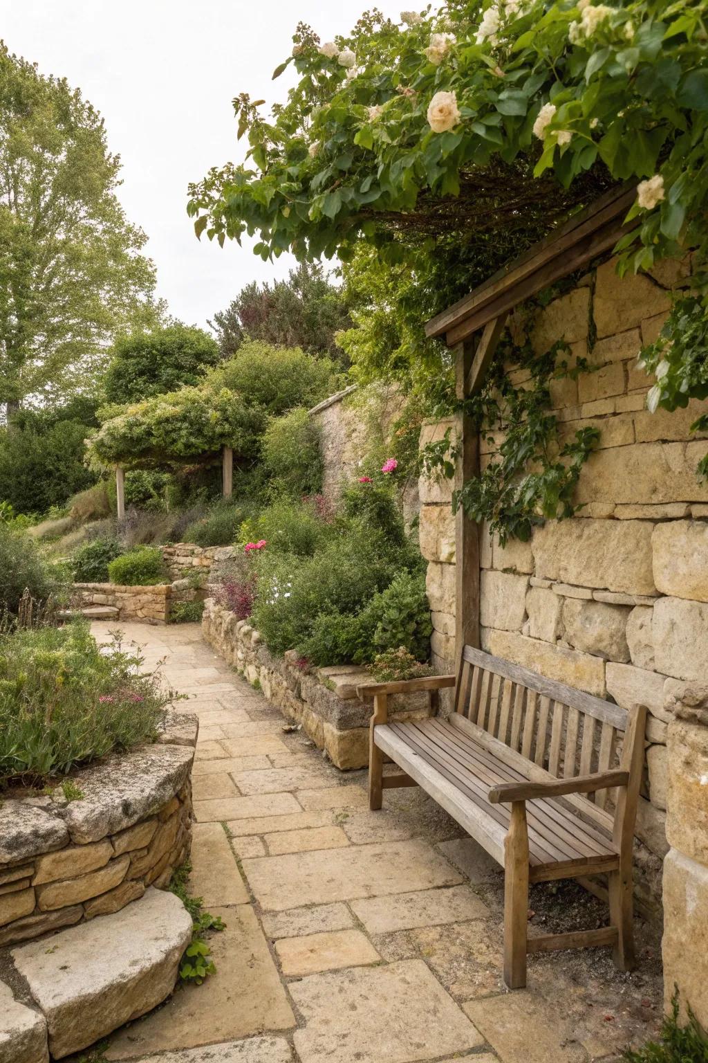 Aged limestone walls create rustic, inviting gardens.