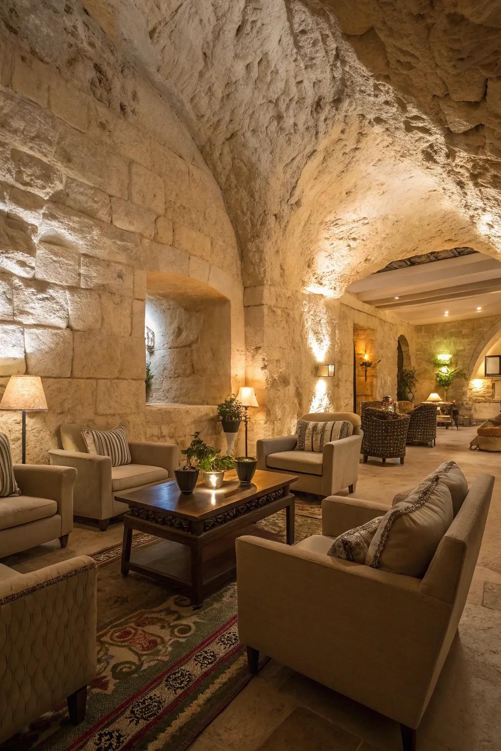 A sunken limestone lounge area invites cozy gatherings.