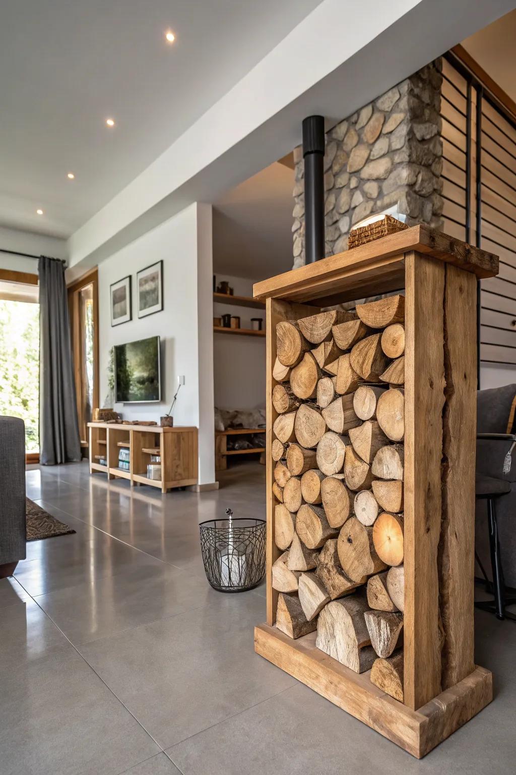 Create a cozy indoor feature with a log nook.