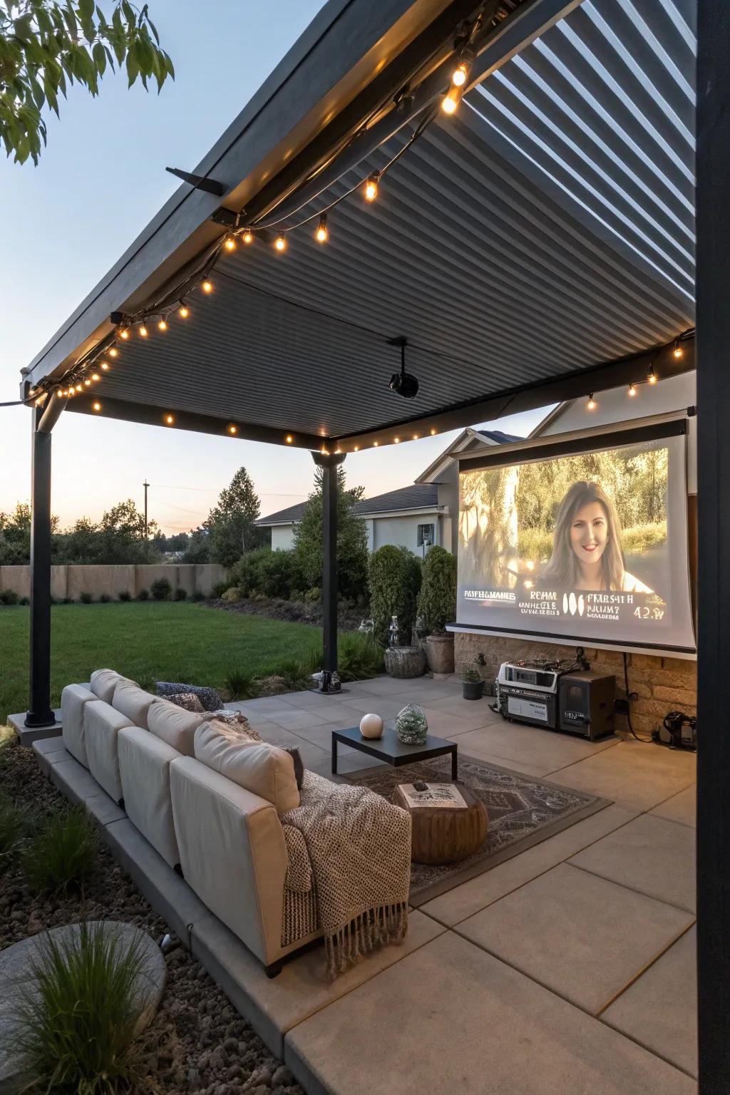 An inviting outdoor movie night under a louvered cover.