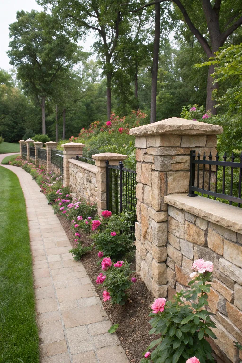 Stone veneer fences offer elegance without the maintenance of real stone.