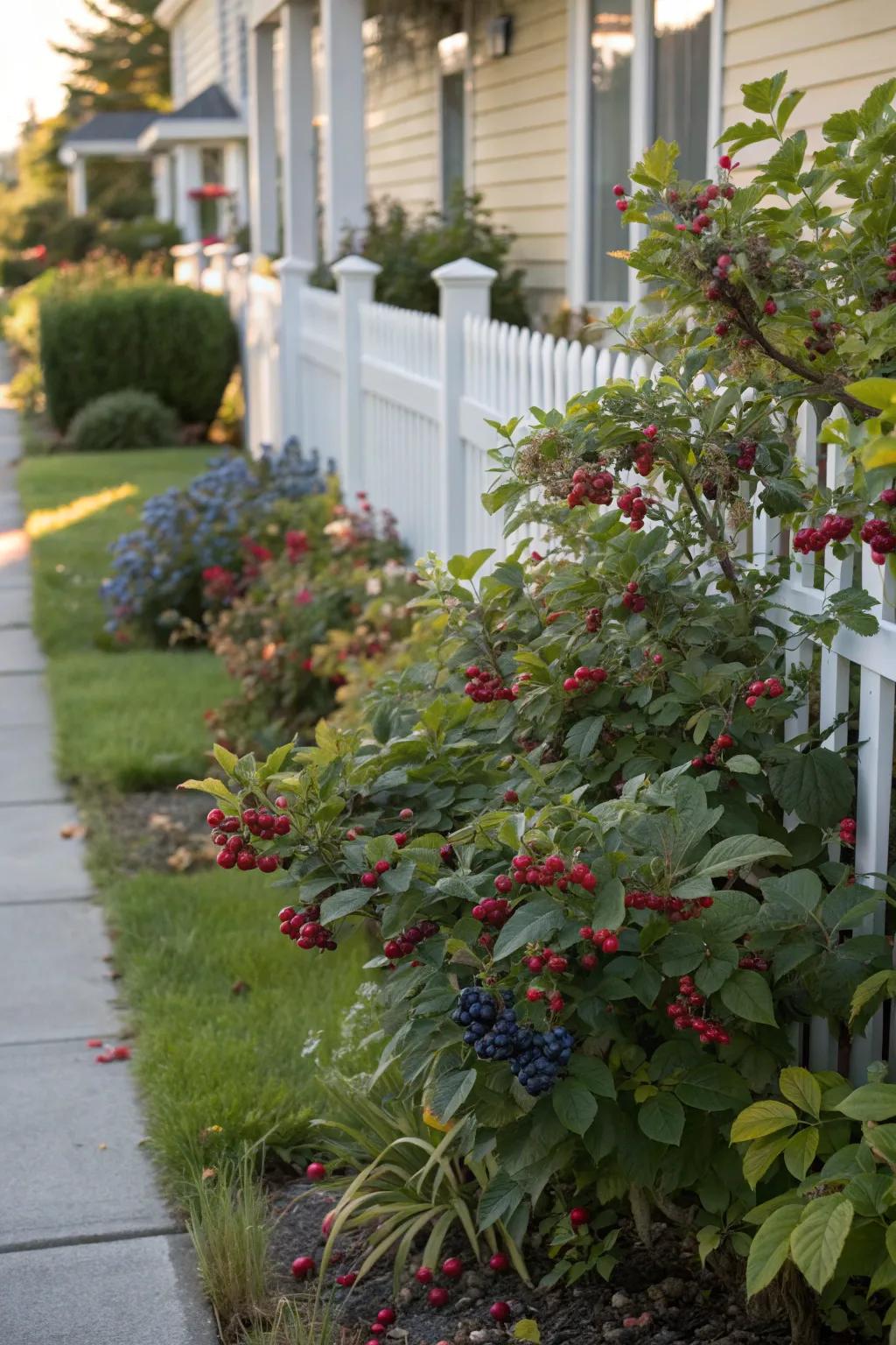 Berry bushes providing both beauty and bounty in a low-maintenance front yard.