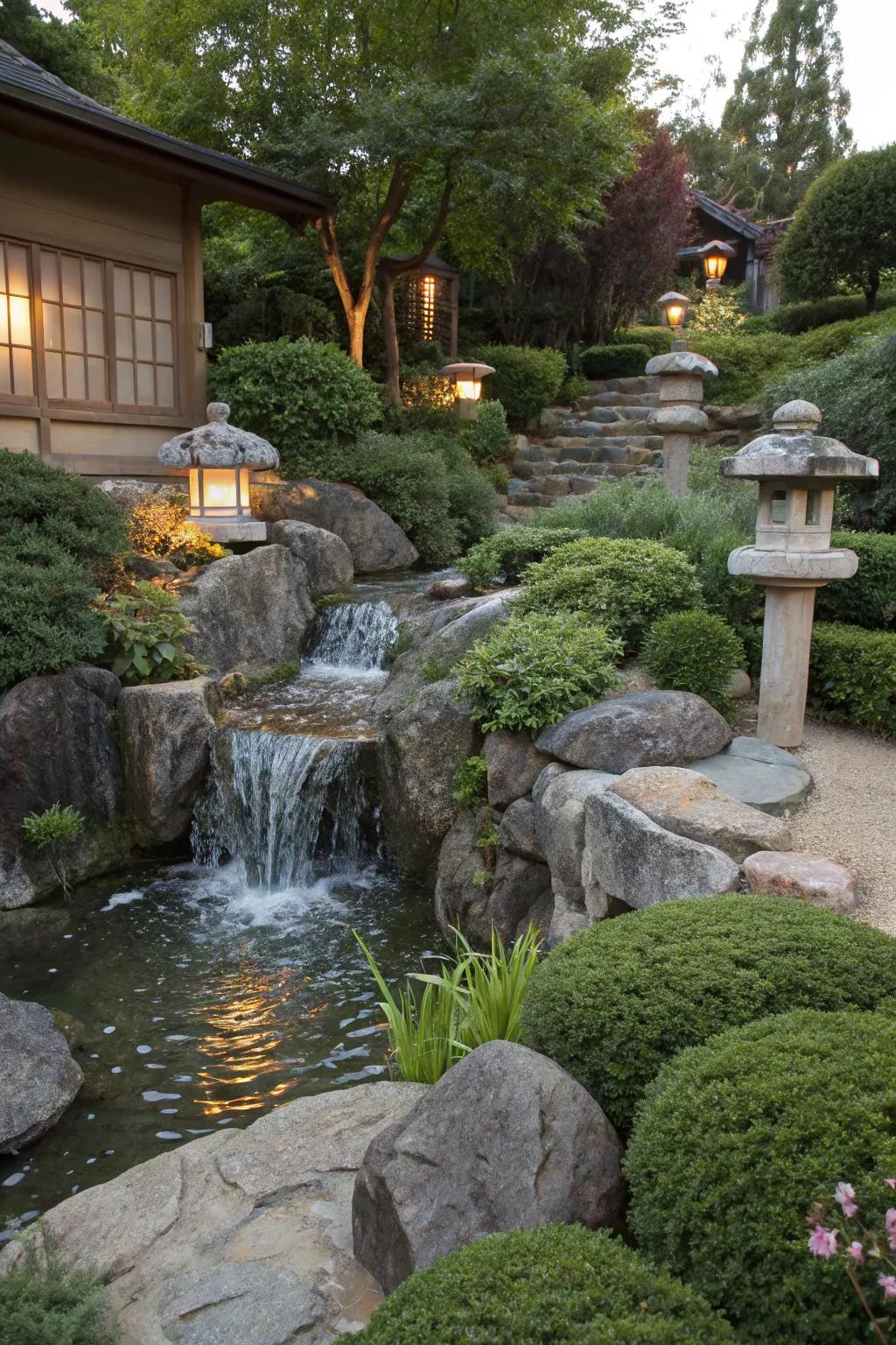 Waterfalls add a soothing sound and dynamic element.