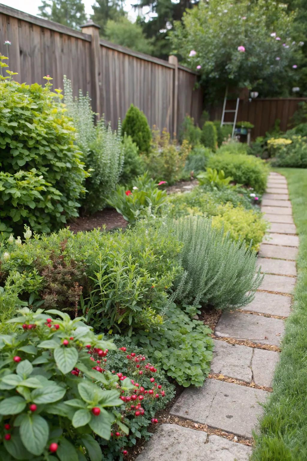 Edible plants like herbs and berries enhance both beauty and bounty.