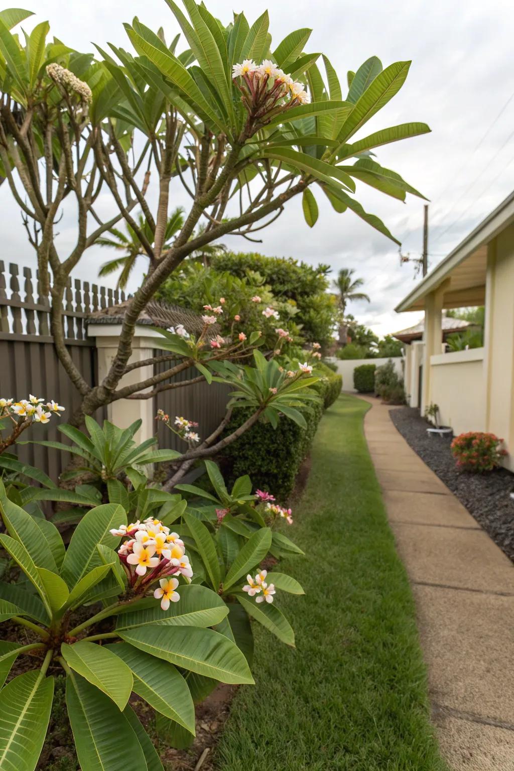 Drought-tolerant Plumeria adds tropical beauty and resilience to a front yard.