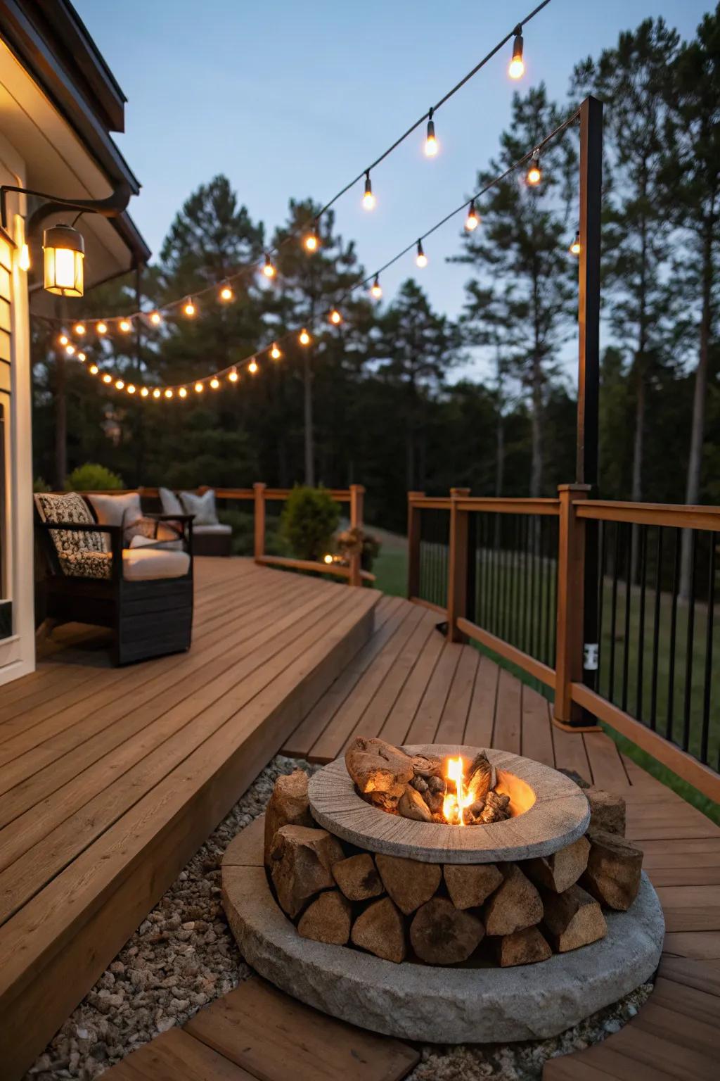 Fire pit lighting enhances the cozy atmosphere.