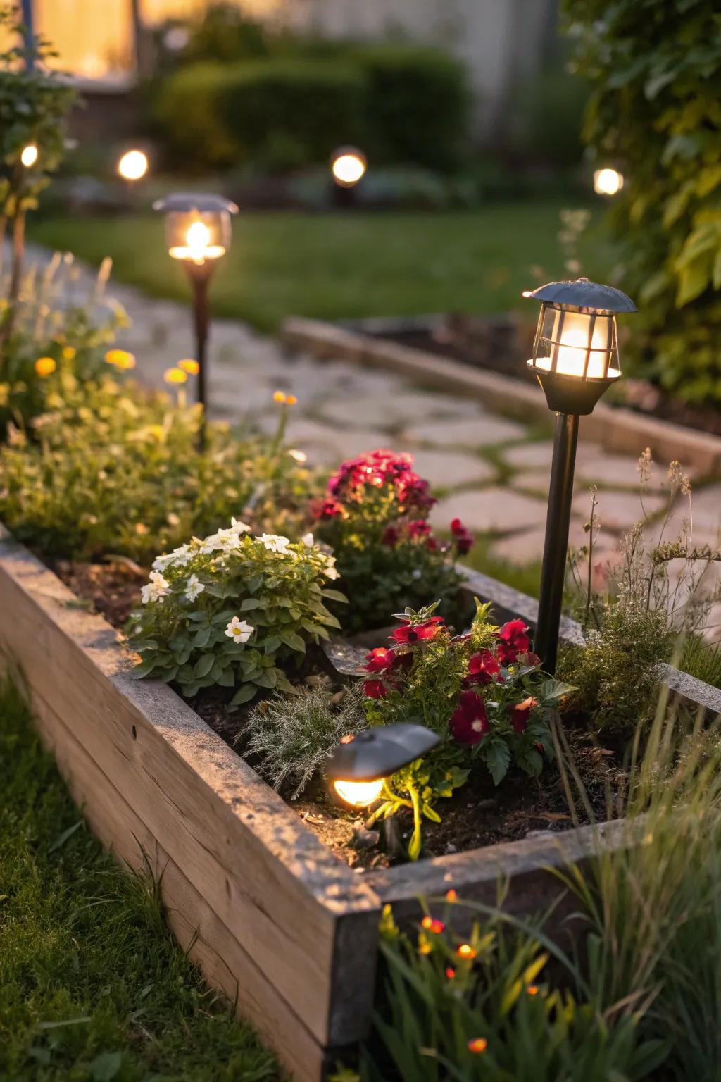 Mini spotlights accentuate the details in garden beds.