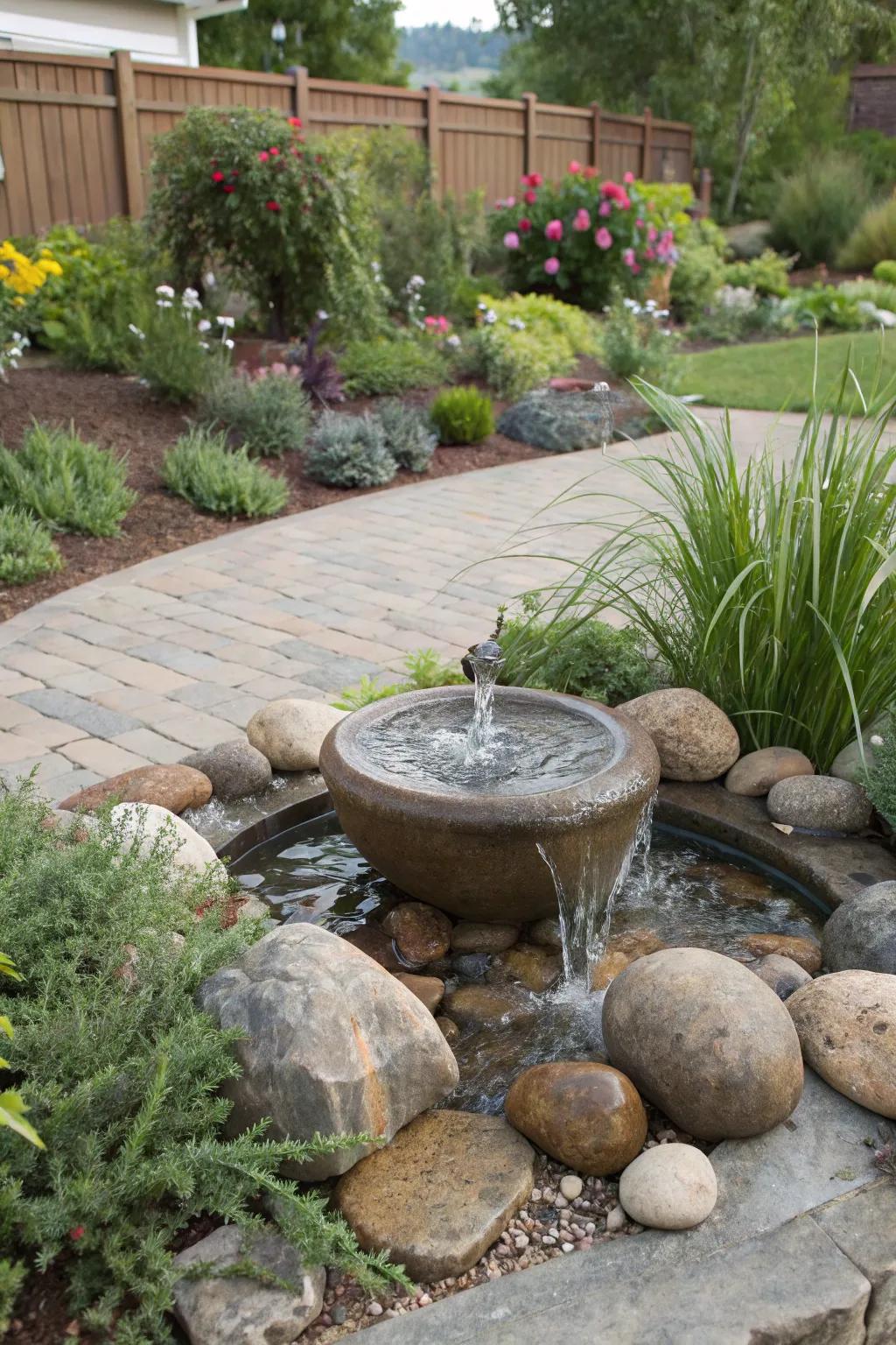 Water features can be compact and water-efficient, adding tranquility to your garden.