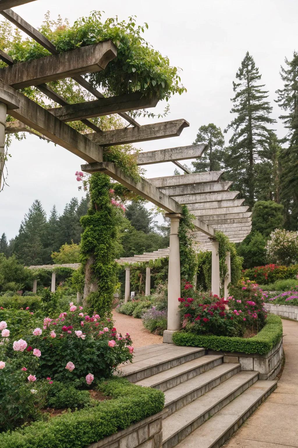 A multi-level pergola design adds depth and architectural intrigue.