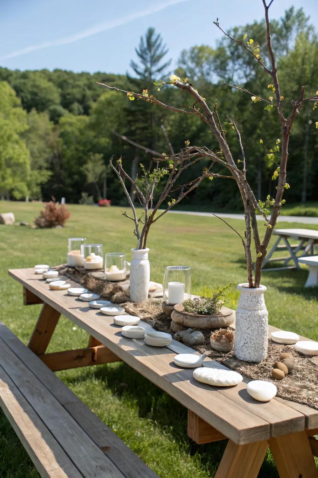 Nature-inspired centerpieces adding rustic charm to the picnic.