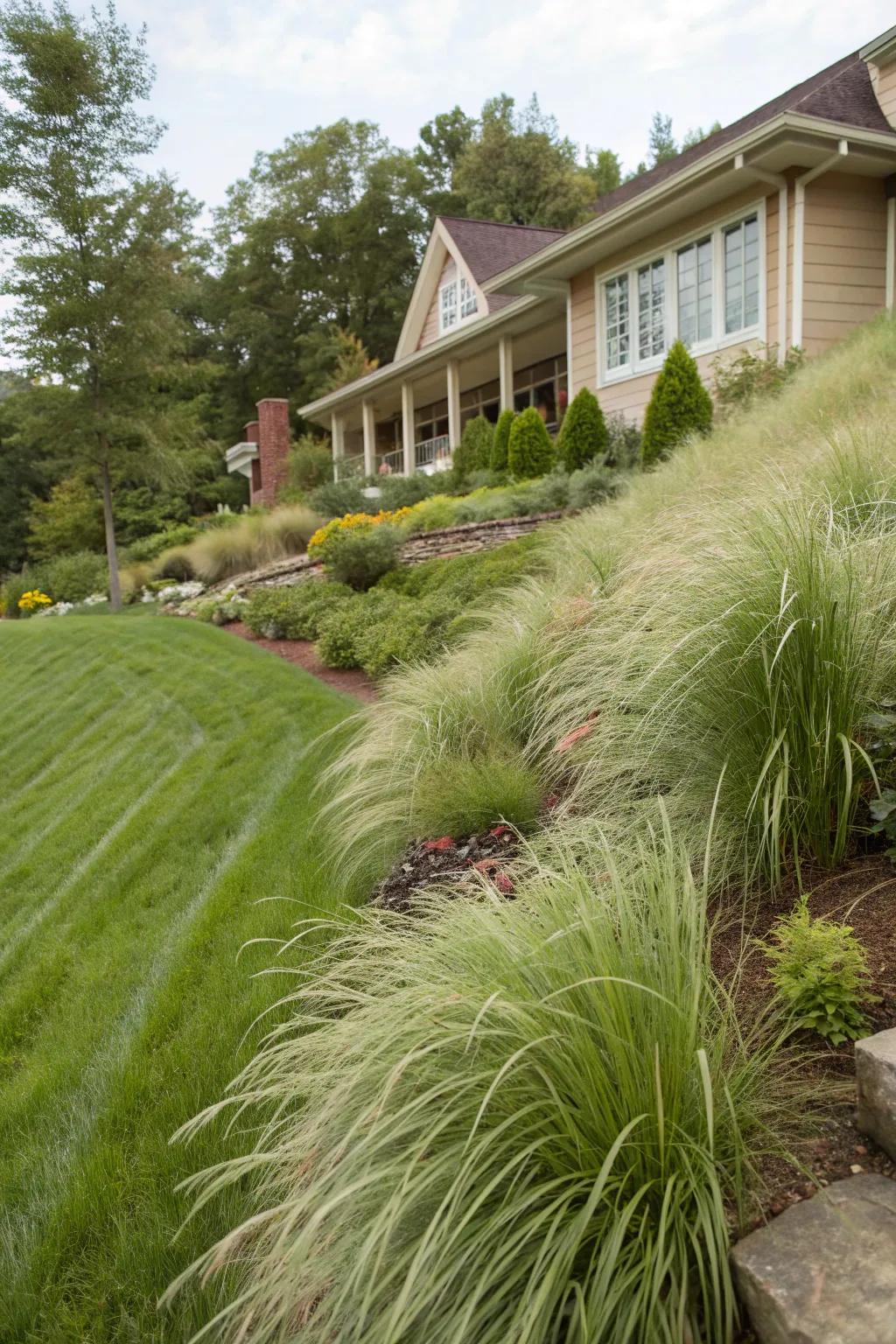 Utilize maiden grass for eco-friendly erosion control in your garden.