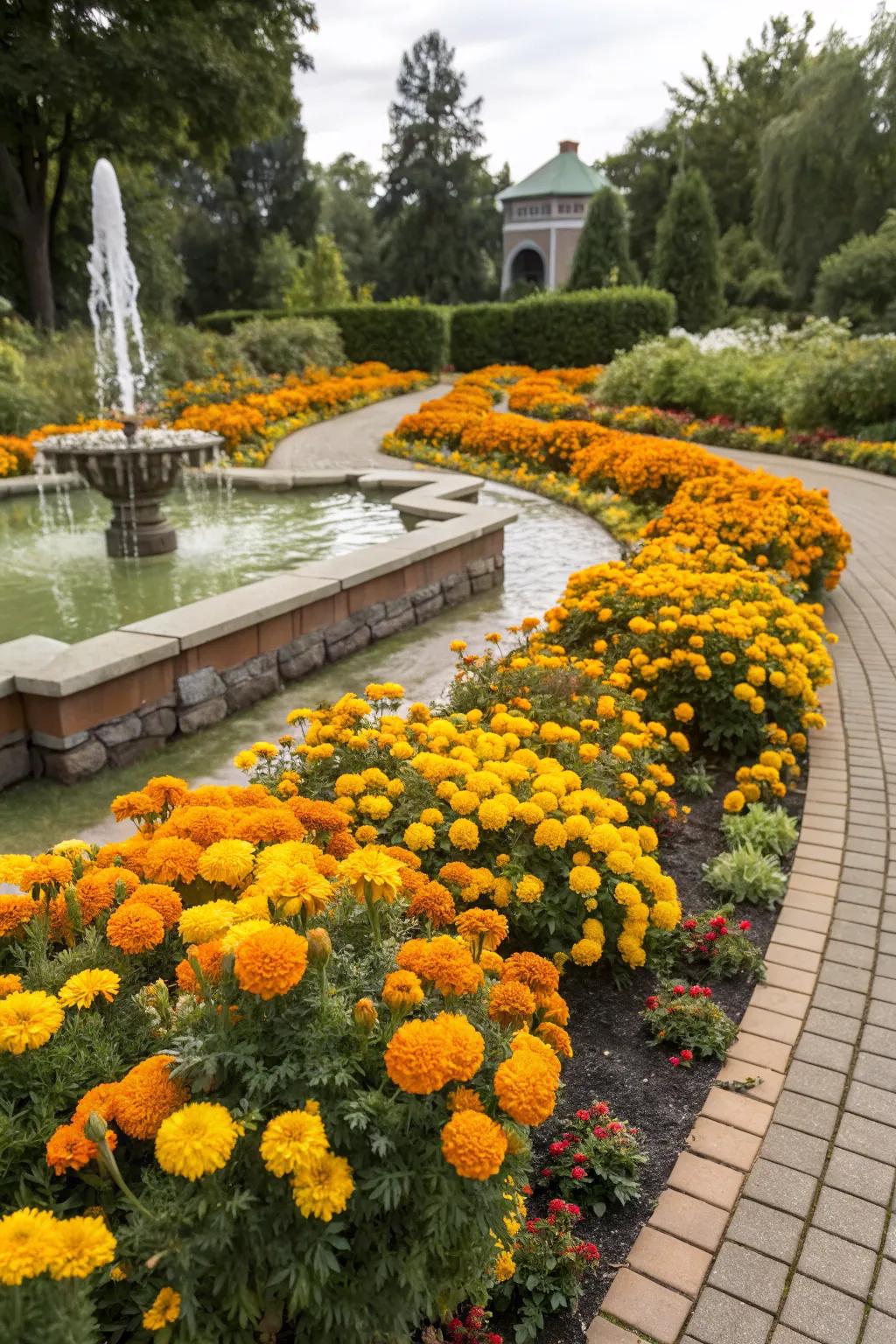 Tranquil water feature framed by marigolds.
