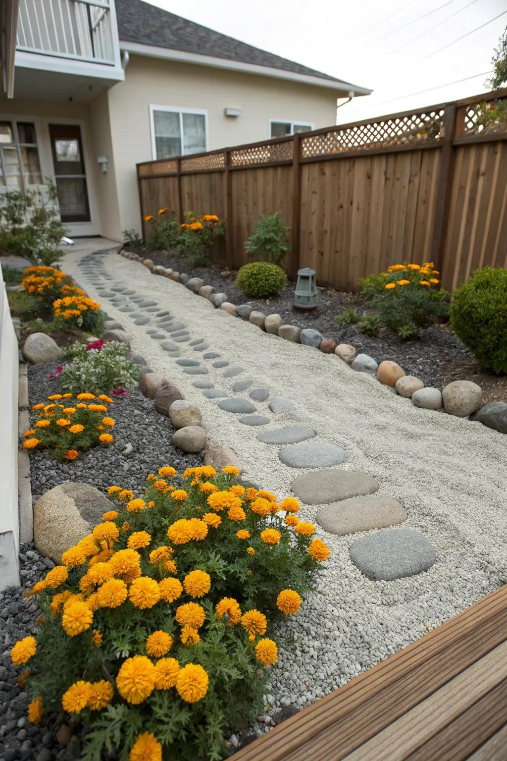 A serene Zen garden with marigolds adding a splash of color.