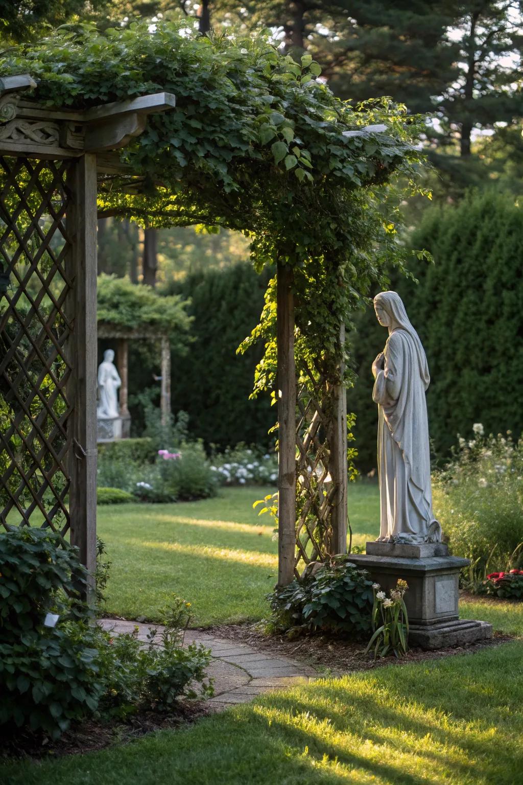 A trellis with climbing plants adds vertical interest to a Mary garden.