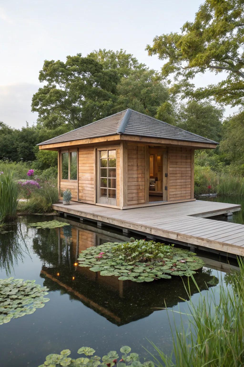 A meditation shed with a dramatic floating deck design.