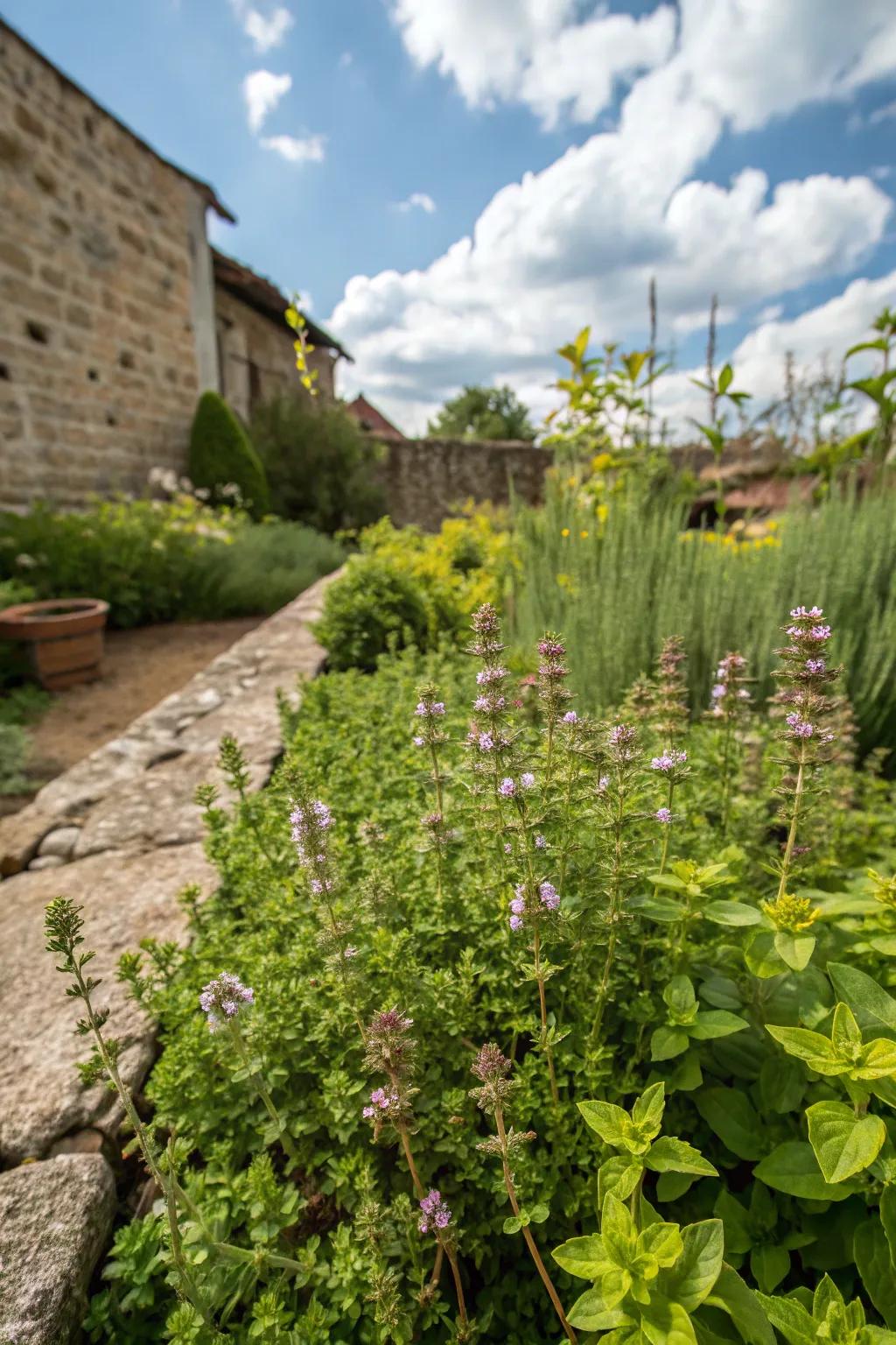 Mediterranean herbs like thyme and oregano add aroma and utility.