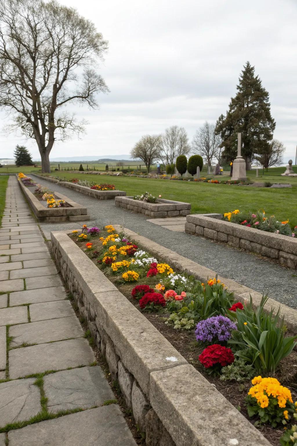 Stone borders add definition and elegance to the garden.