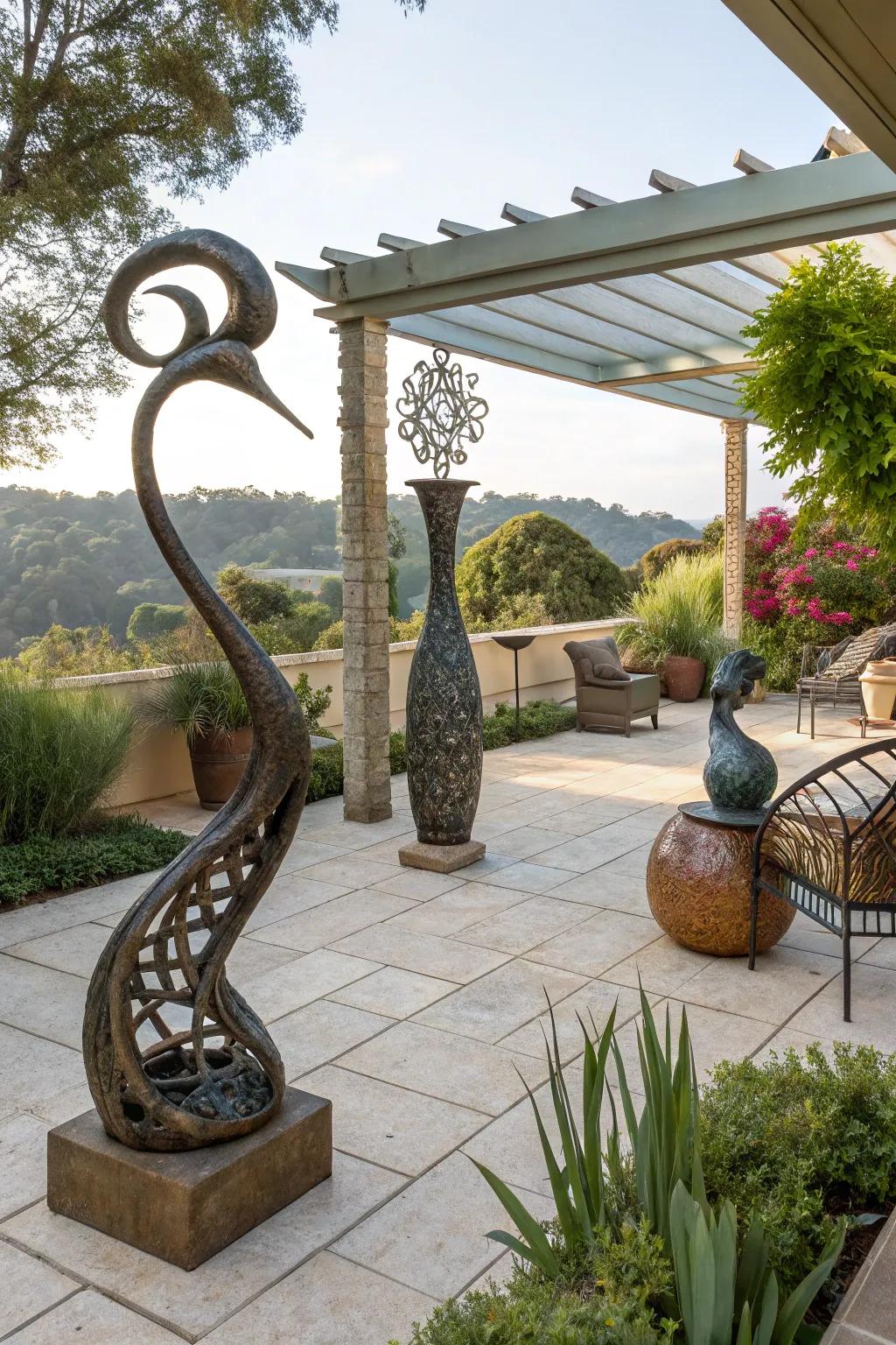 Artistic metal sculptures transforming this patio into a unique and expressive space.