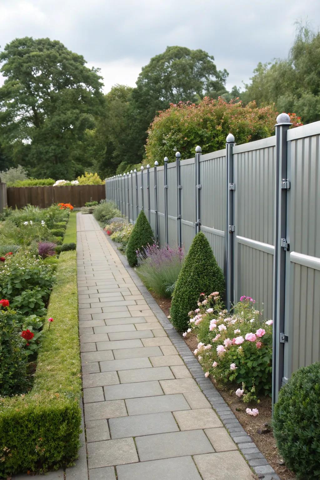 Symmetrical garden with a sleek modular metal panel fence and metal posts.