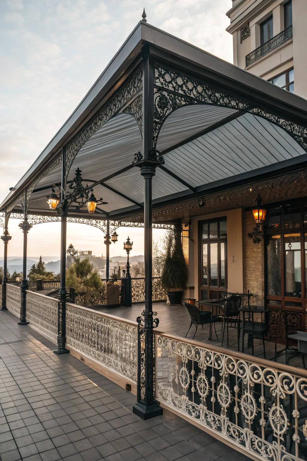 A charming patio with a vintage metal roof design.